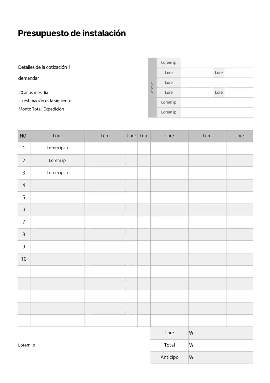 Resaltar los cuadros en gris Presupuesto de construcción de la instalación