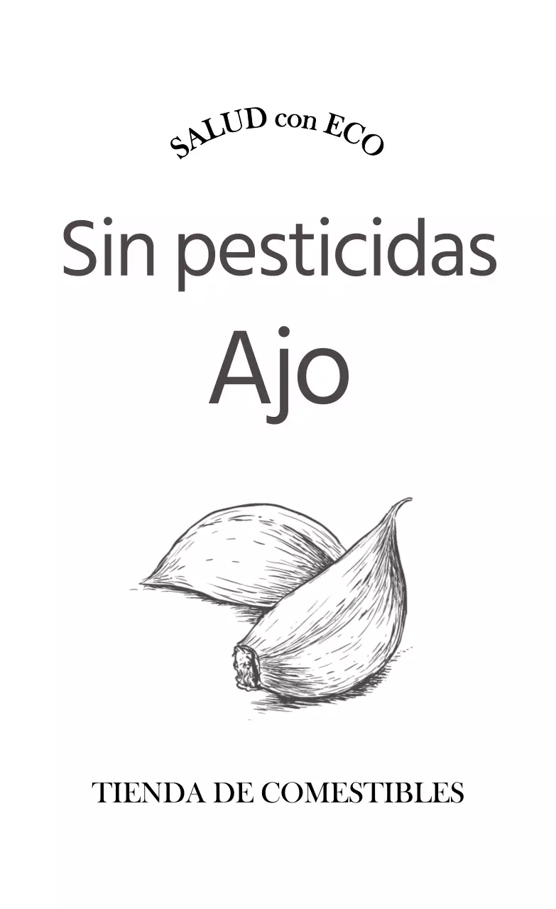 Promover la certificación libre de plaguicidas con texto en gris oscuro y una ilustración de ajos.