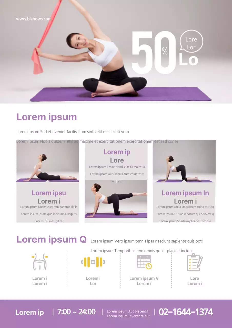 Promociona una escuela de yoga con la foto de una mujer haciendo yoga vestida de morado.