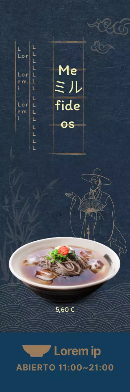 Menú de verano con fondo azul marino oscuro e ilustraciones orientales