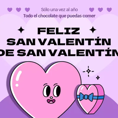 Evento de San Valentín con simpáticas ilustraciones de corazones rosas y morados