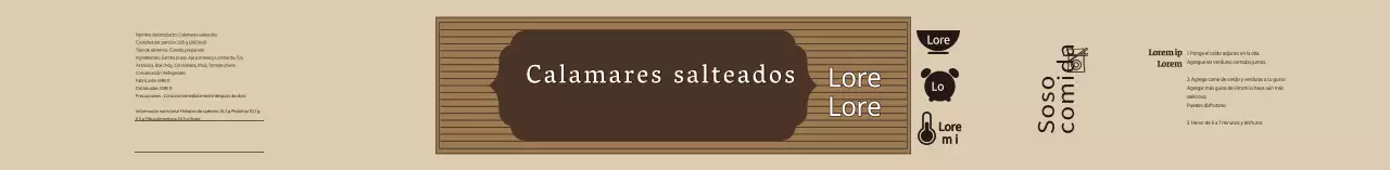 Etiqueta alimentaria de calamares salteados de color beige