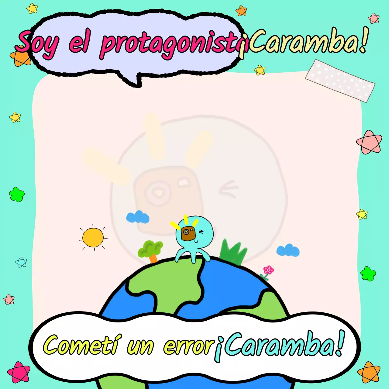 Un divertido billete de mochi garabateado con un fondo de color menta y un personaje de pulpo azul claro