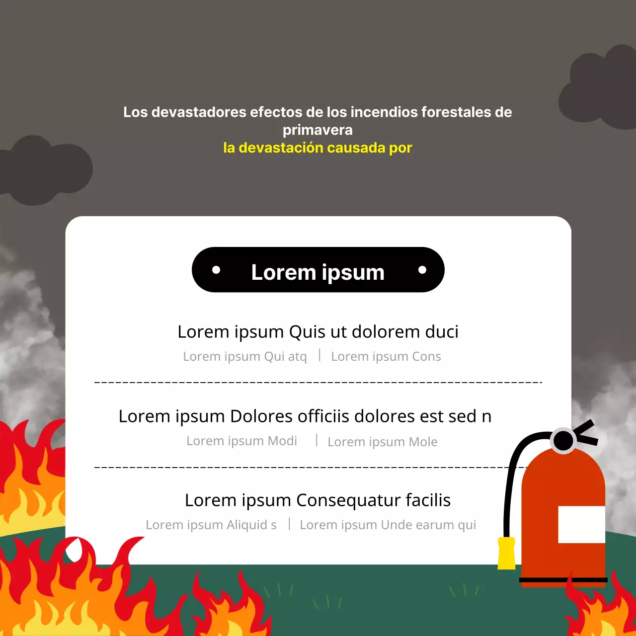 Consejos de seguridad para los incendios forestales de la estación seca en abril, en naranja, rojo y verde, con una ilustración sencilla, legible y simpática, a modo de póster.