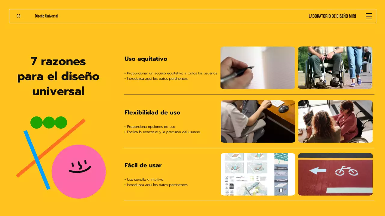 Introducción al diseño universal con formas expresivas de colores negro y amarillo