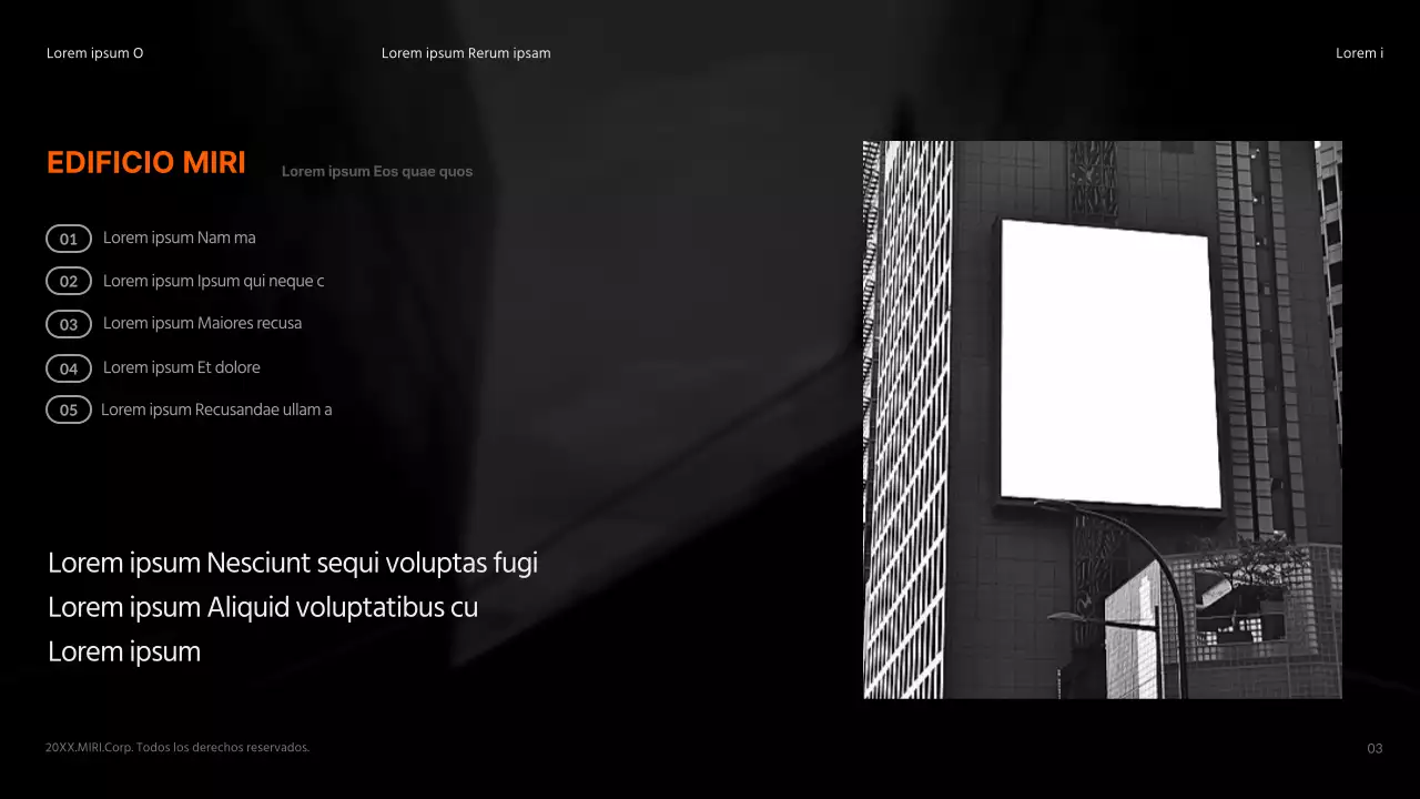 Resumen del anuncio de un edificio en negro y naranja