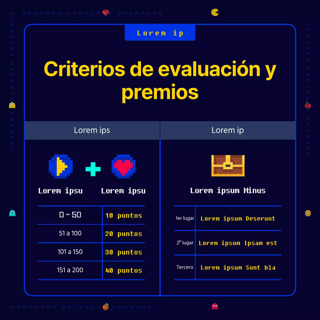 Un novedoso, divertido y retro juego de píxeles Pac-Man en azul marino y amarillo Convocatoria de nuevas ideas de negocio para una empresa corporativa.