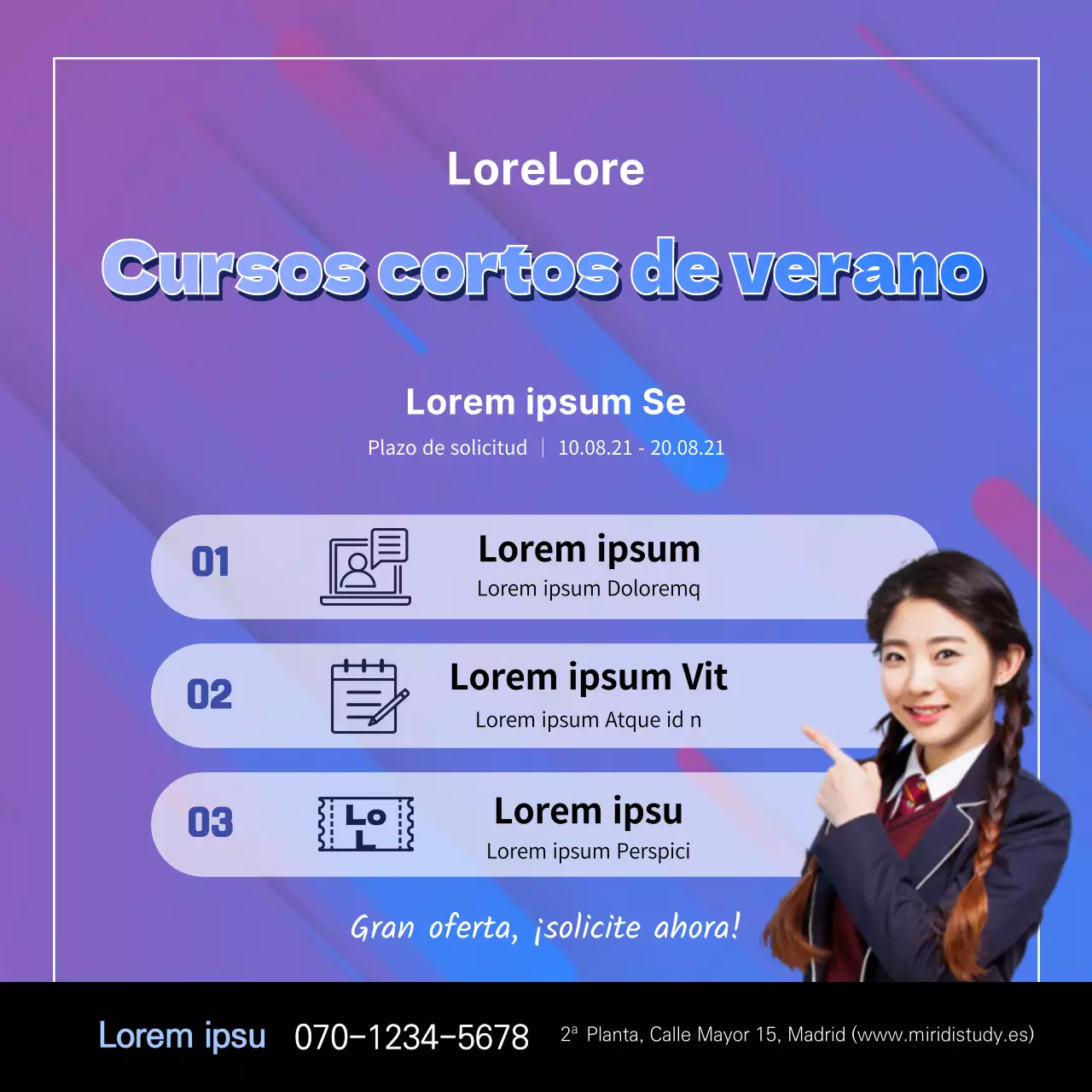 Pancarta cuadrada para una clase especial en una academia con un retrato en tonos morados