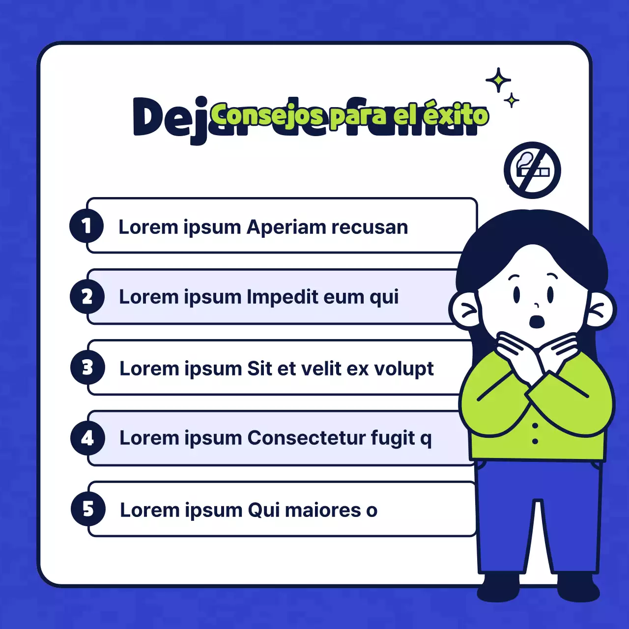 Sencilla ilustración de personajes en azul y chartreuse que presenta una clínica de salud sin tabaco.