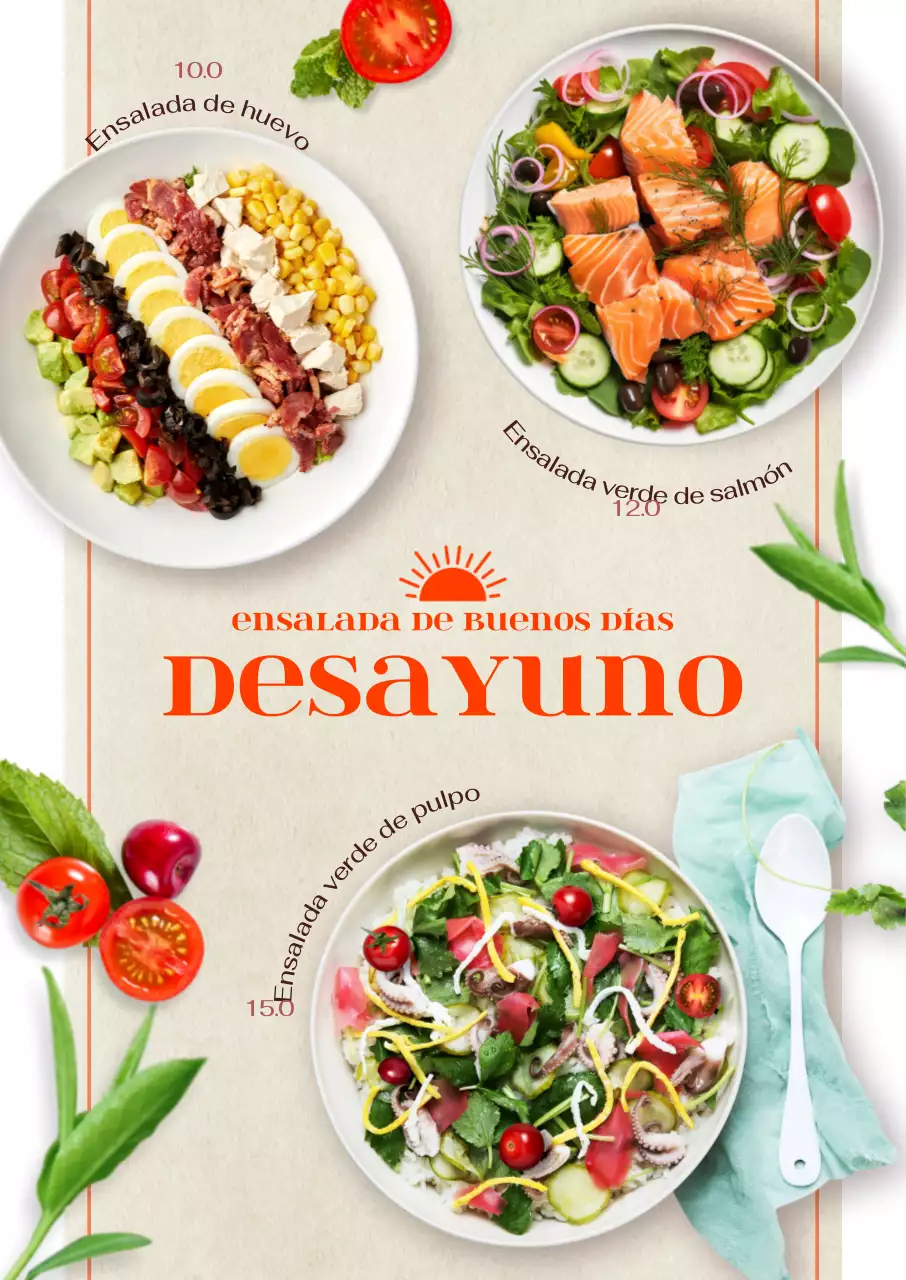 Menú de brunch saludable ilustrado con fotos de ensaladas de verduras y frutas frescas y naturales