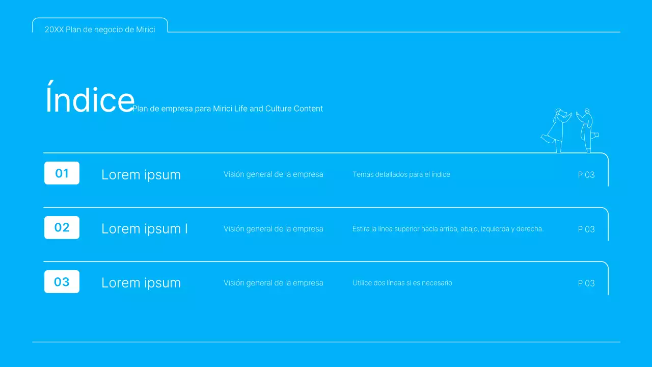 Una presentación limpia en azul y blanco del plan de negocio de contenidos culturales