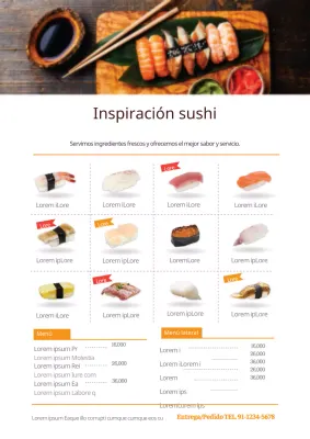 Menú de restaurante de sushi con fotos de sushi naranja