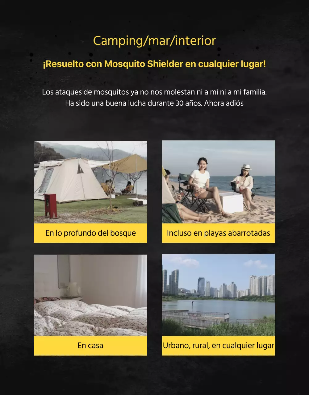 Promocionar productos repelentes de mosquitos con un aspecto oscuro, como de póster de película.