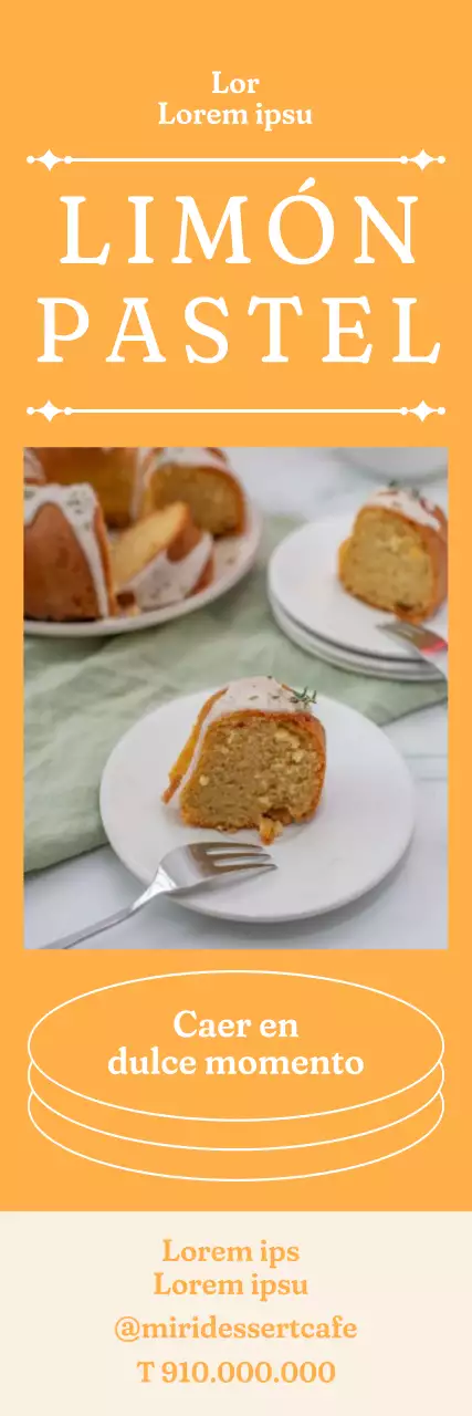 Un banner con la foto de una tarta sobre fondo amarillo y un título atravesado por una línea