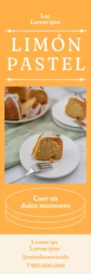 Un banner con la foto de una tarta sobre fondo amarillo y un título atravesado por una línea