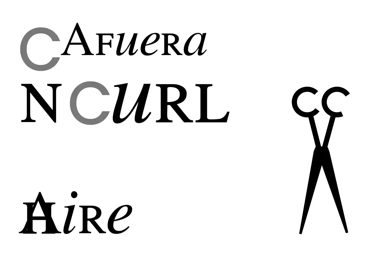 Rótulo de tienda de aspecto clásico con texto en blanco y negro sobre peluquería de corte y rizado e ilustración de unas tijeras.