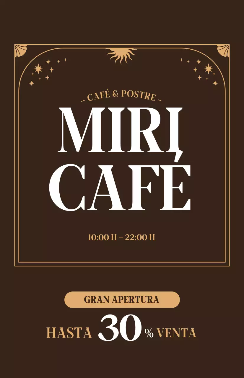 Promocione el descuento de apertura de una cafetería con un ambiente beige sobre fondo marrón