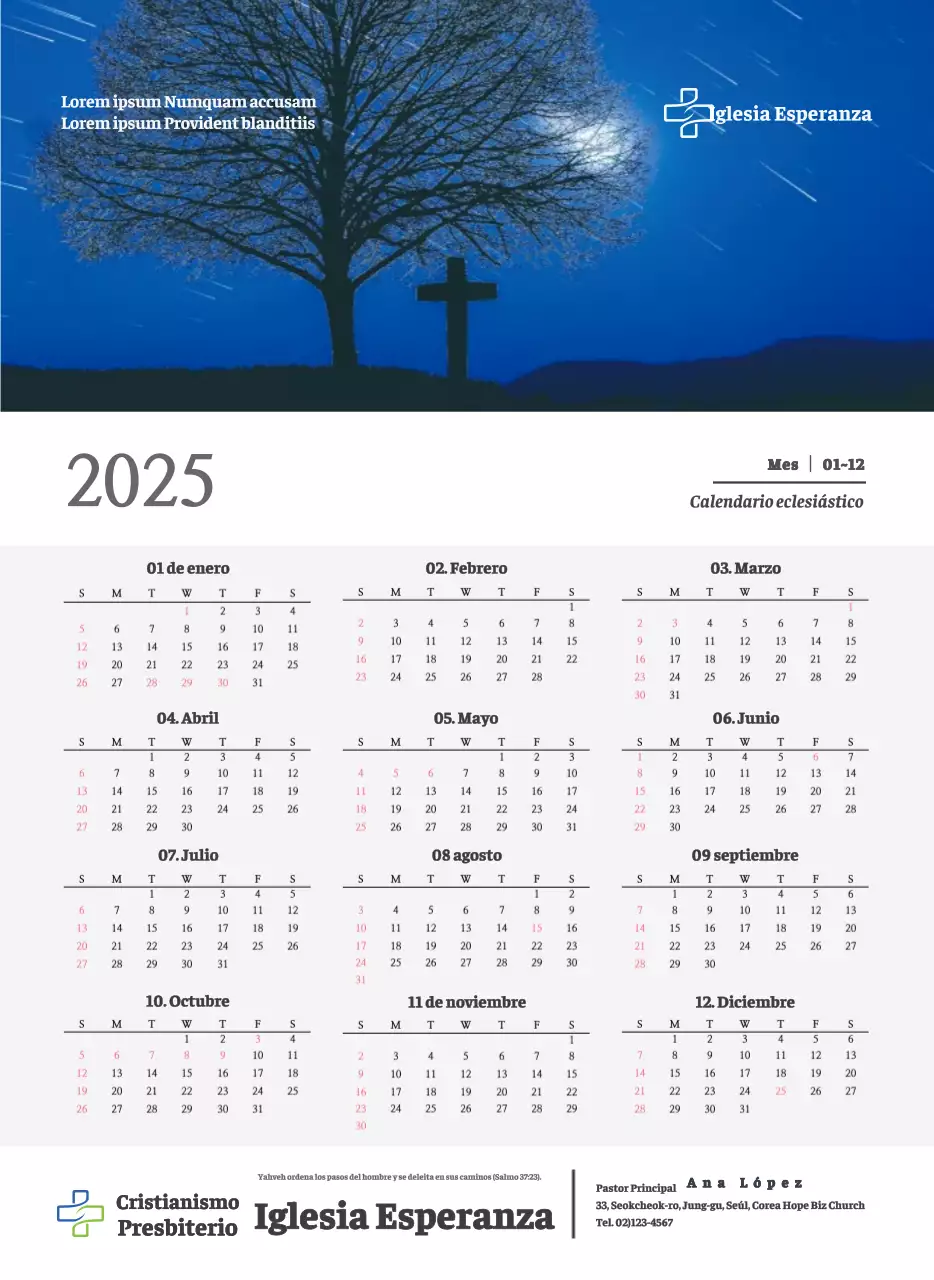 Calendario de pared de iglesia de concepto sencillo en blanco y negro con emotivas fotos religiosas