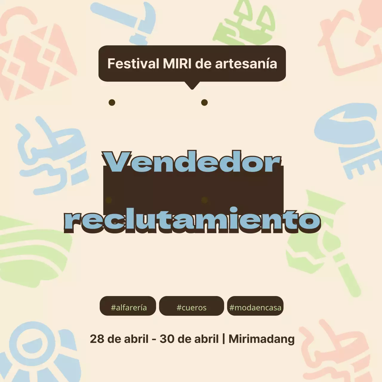 Convocatoria para vendedores de festivales artesanales en azul claro y naranja