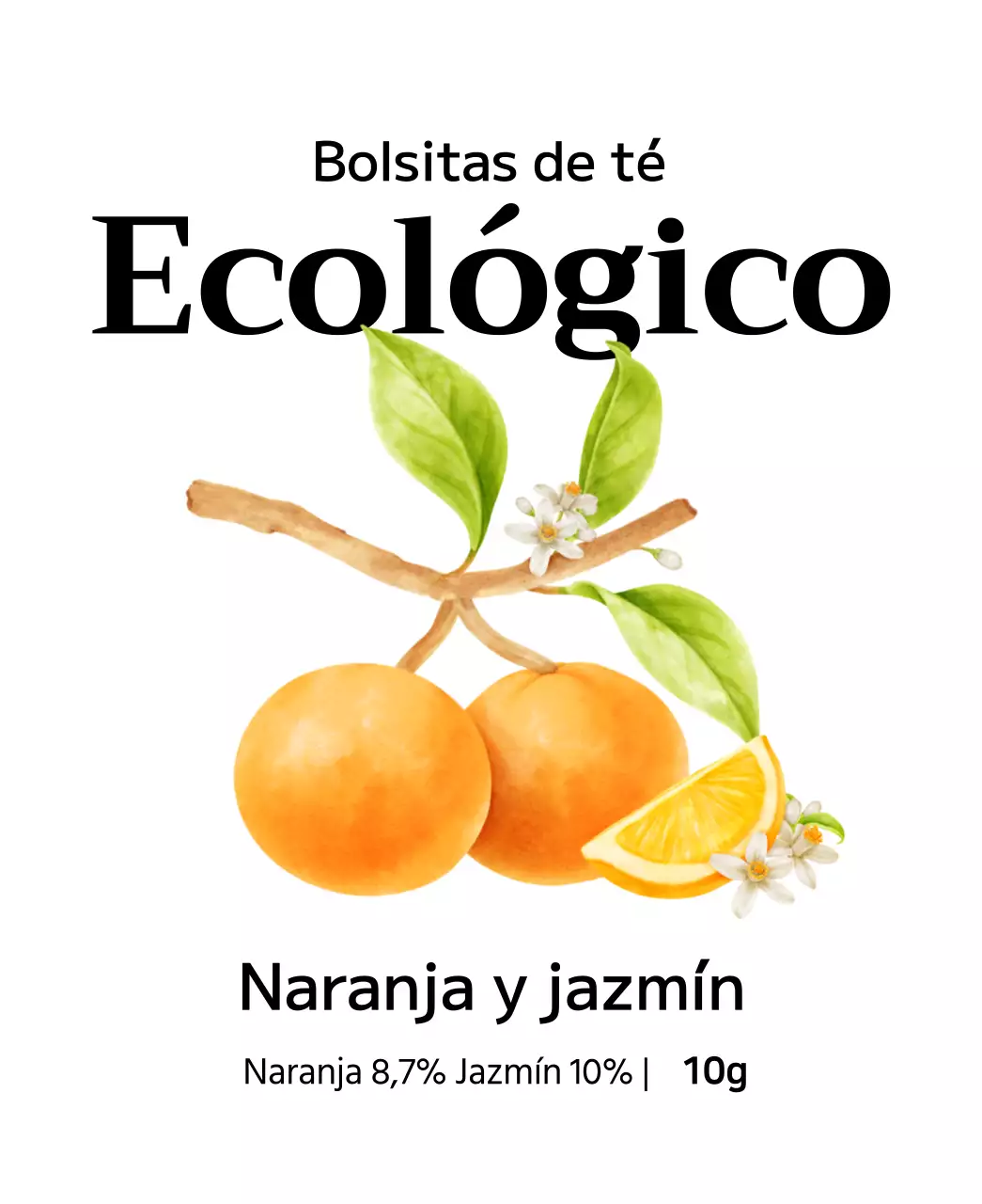 Bolsitas de té de frutas ecológicas con ilustraciones de frutas en acuarela