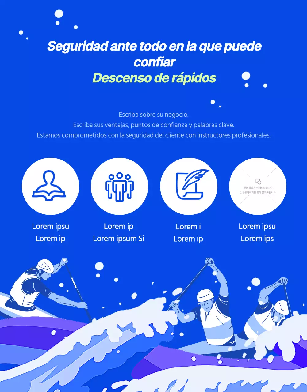 Promover el rafting activo con salpicaduras de agua sobre fondo azul