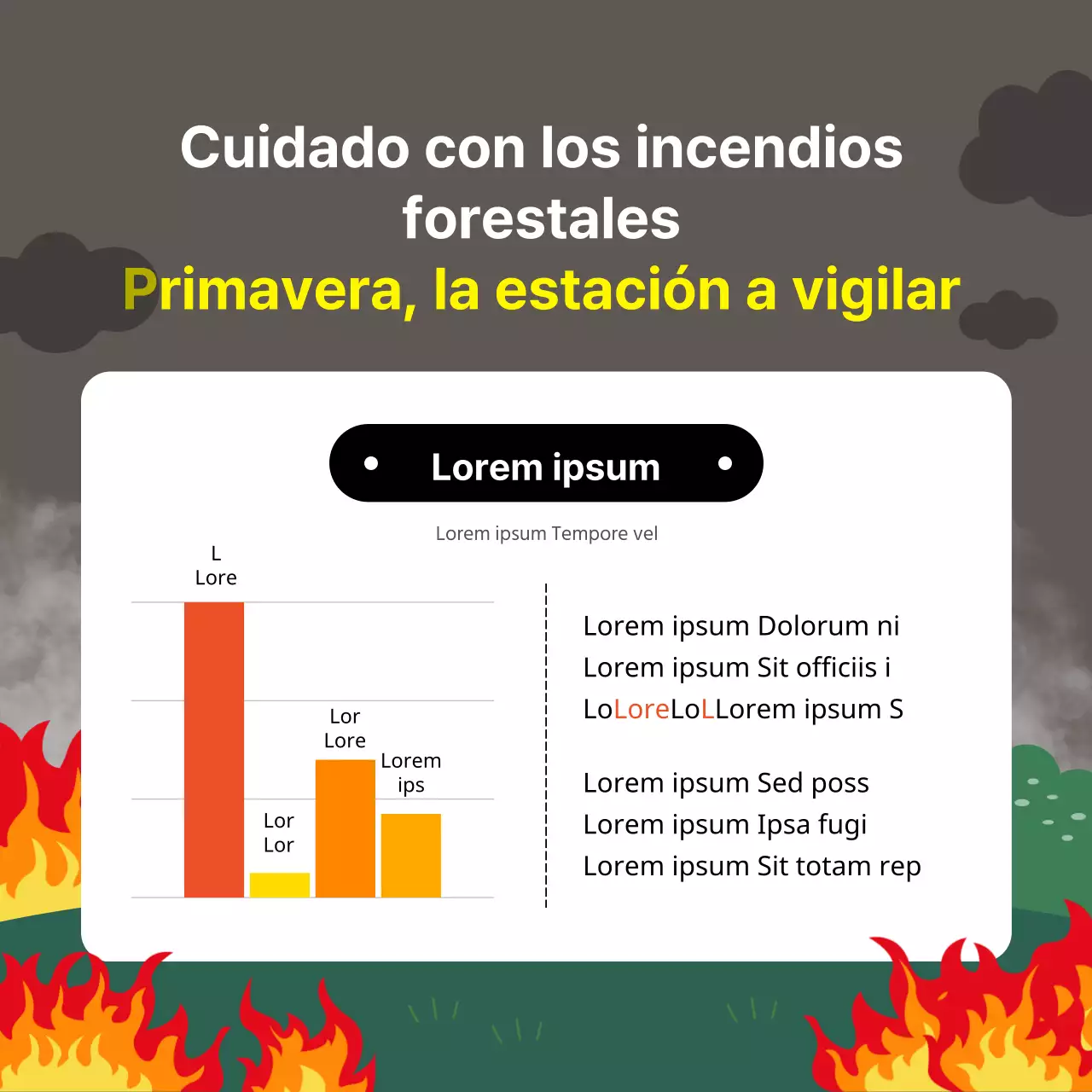 Consejos de seguridad para los incendios forestales de la estación seca en abril, en naranja, rojo y verde, con una ilustración sencilla, legible y simpática, a modo de póster.