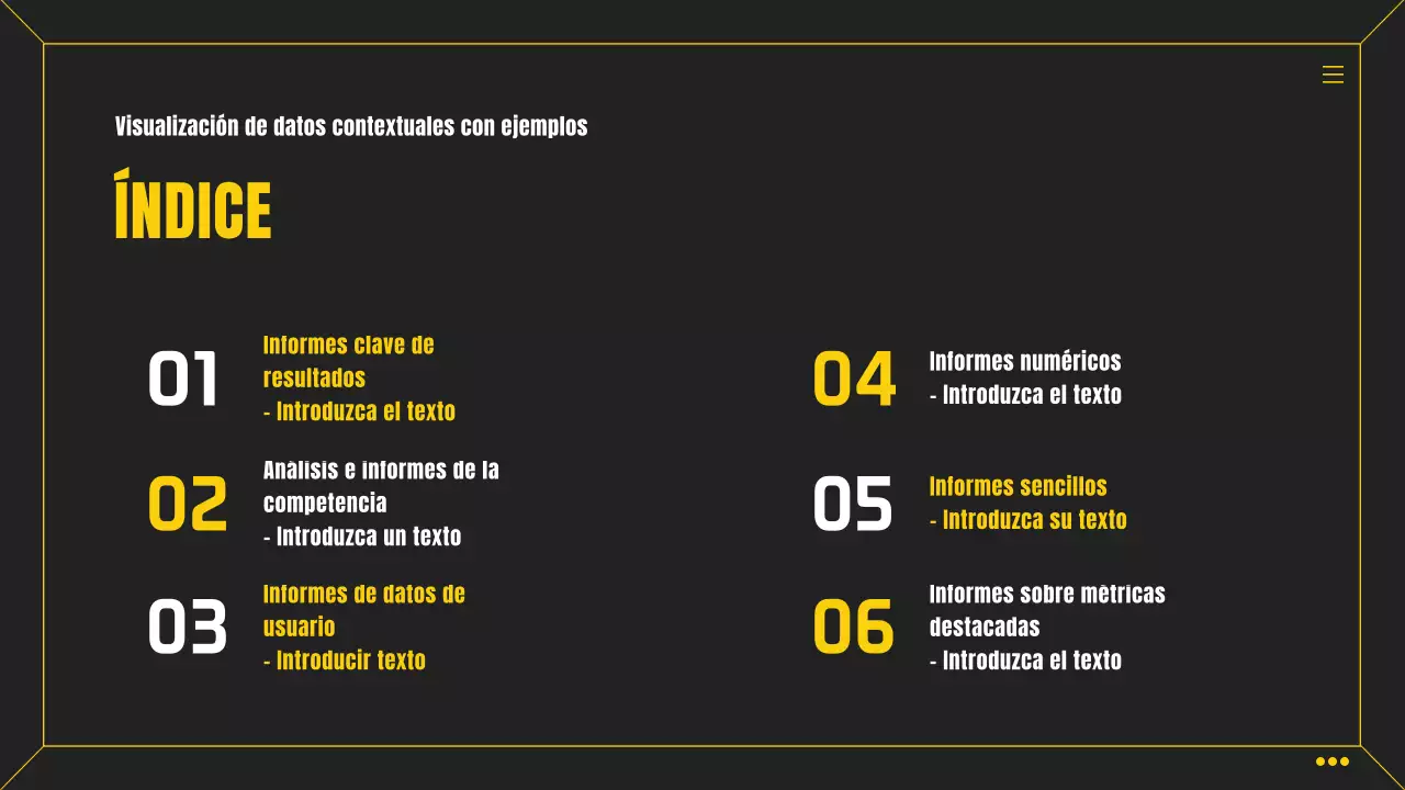 Cuadro de mando empresarial infográfico sencillo en negro y amarillo