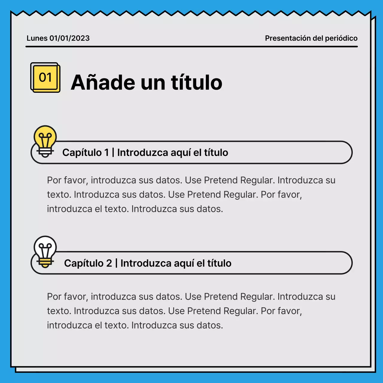 Una tarjeta de noticias audaz y llamativa en un concepto de periódico con acentos en amarillo y azul claro.