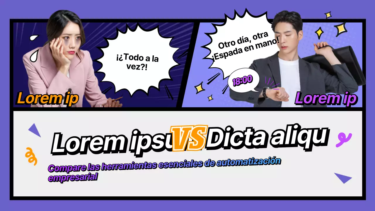 Miniatura de YouTube de una ilustración de dibujos animados de color morado en la que se comparan herramientas de automatización empresarial.