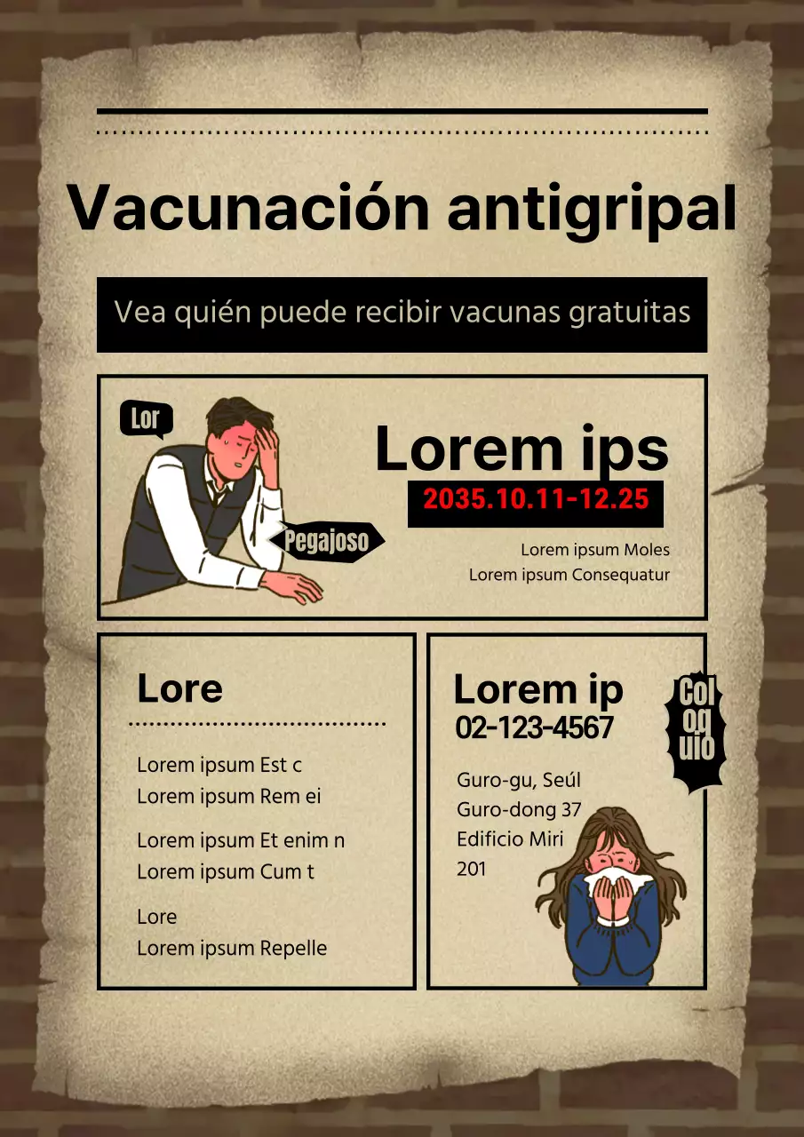 Concepto de dibujos animados hospital guía de vacunación con ladrillo marrón de fondo y textura de papel ilustraciones de personas enfermas