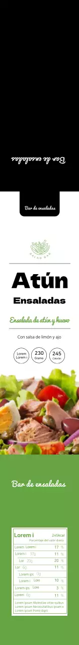 Etiqueta de información alimentaria de la ensalada verde negra limpia