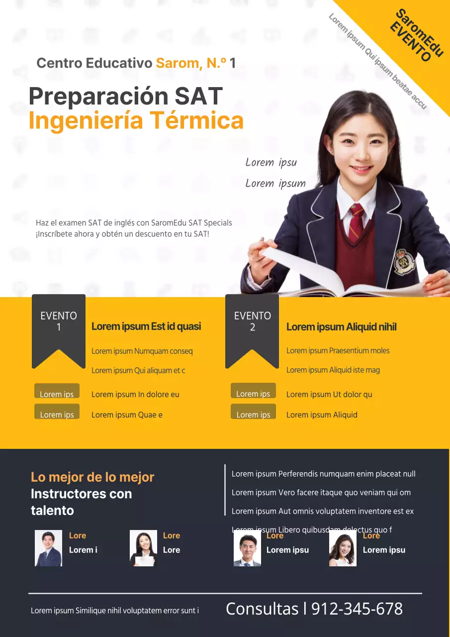 Promociona los próximos cursos de tu centro con una foto de estudiante en azul y negro.