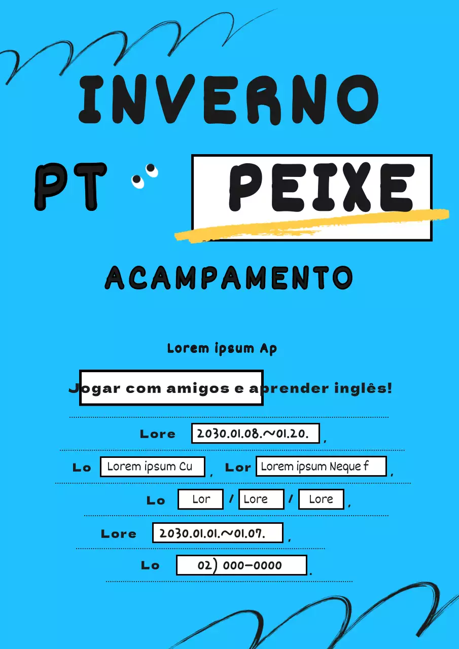 Informação primária sobre o acampamento em inglês com fundo azul claro e formato de preenchimento de espaços em branco (webposter vertical)