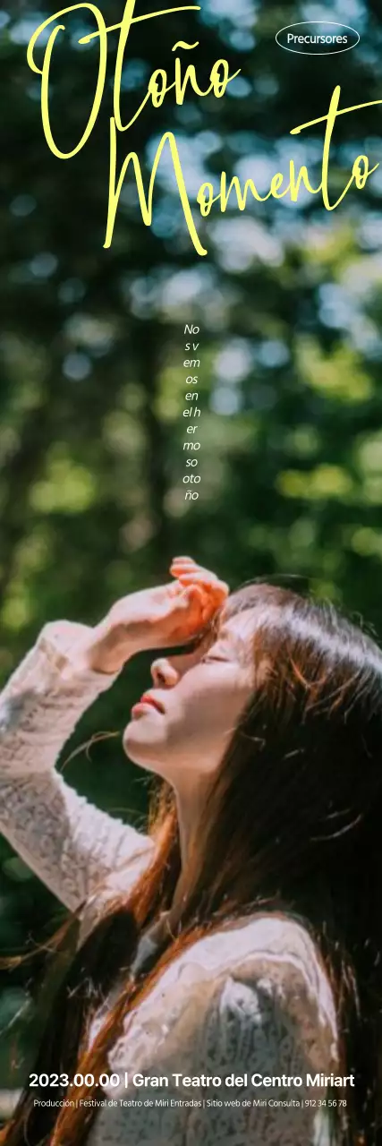 Una obra casi escénica con una foto de la heroína en un frondoso bosque, resaltada con una emotiva letra inglesa.