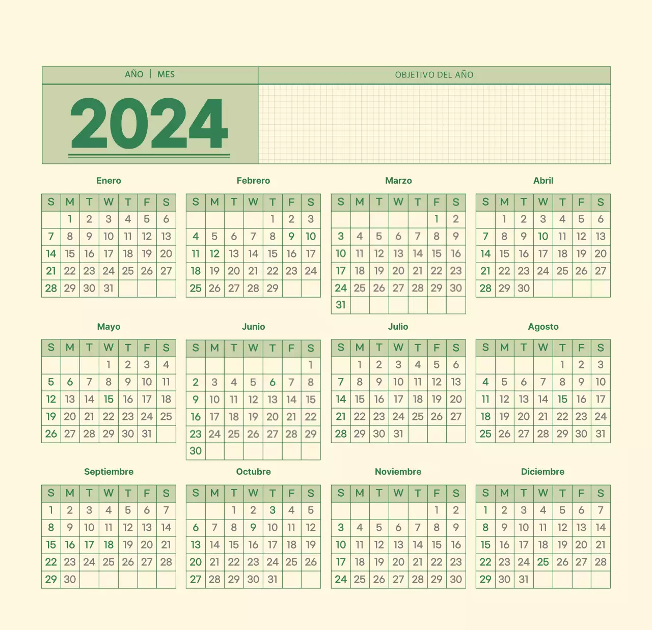 SAT Calendario de pared con concepto de bloc de notas del día D en verde y amarillo claro