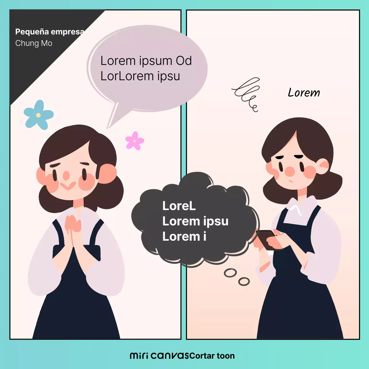 Promueva el pre-lienzo estilo webtoon con un fondo color menta e ilustraciones