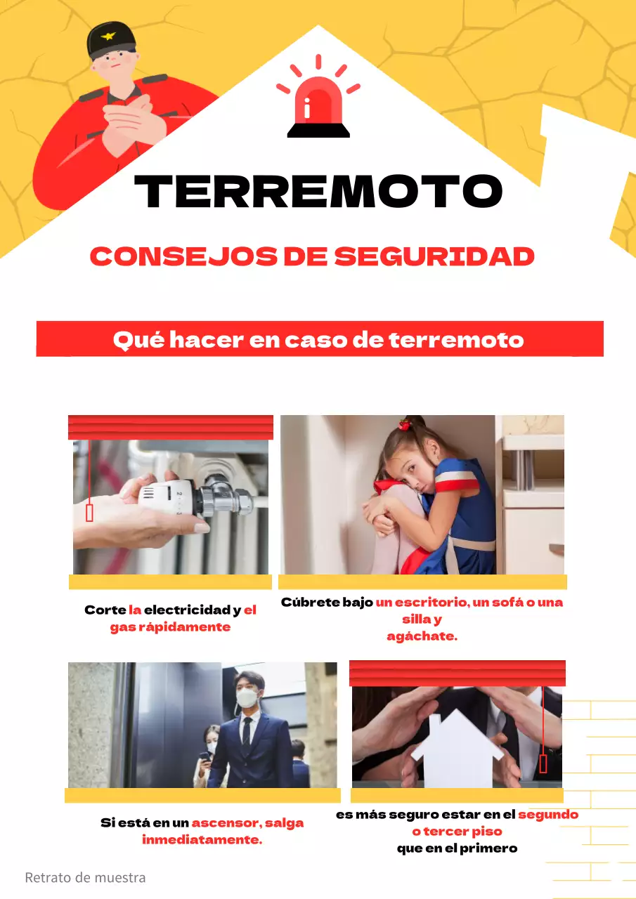 Manual de evacuación en caso de terremoto con ilustraciones de bomberos en amarillo y rojo