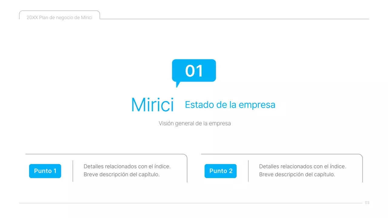Una presentación limpia en azul y blanco del plan de negocio de contenidos culturales