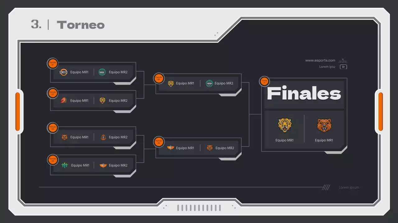 Informe de estrategia de juego con un concepto mecánico en colores neutros y naranja.