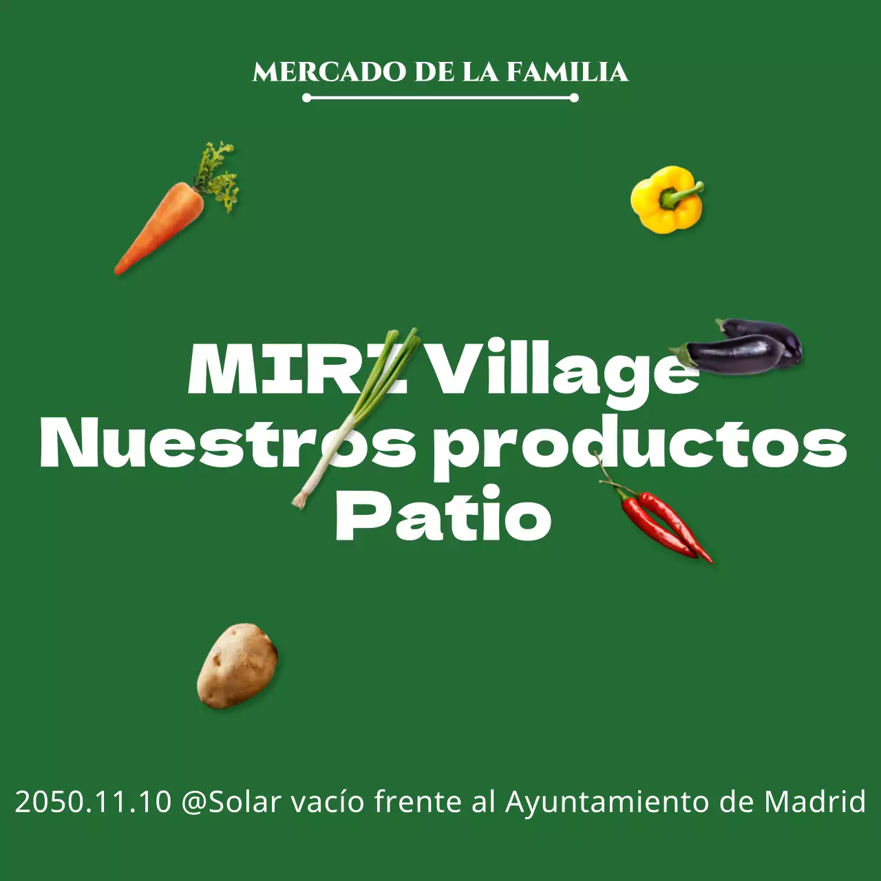 Una guía del mercado de agricultores en el centro del patio con una sencilla imagen de productos en tonos verdes.