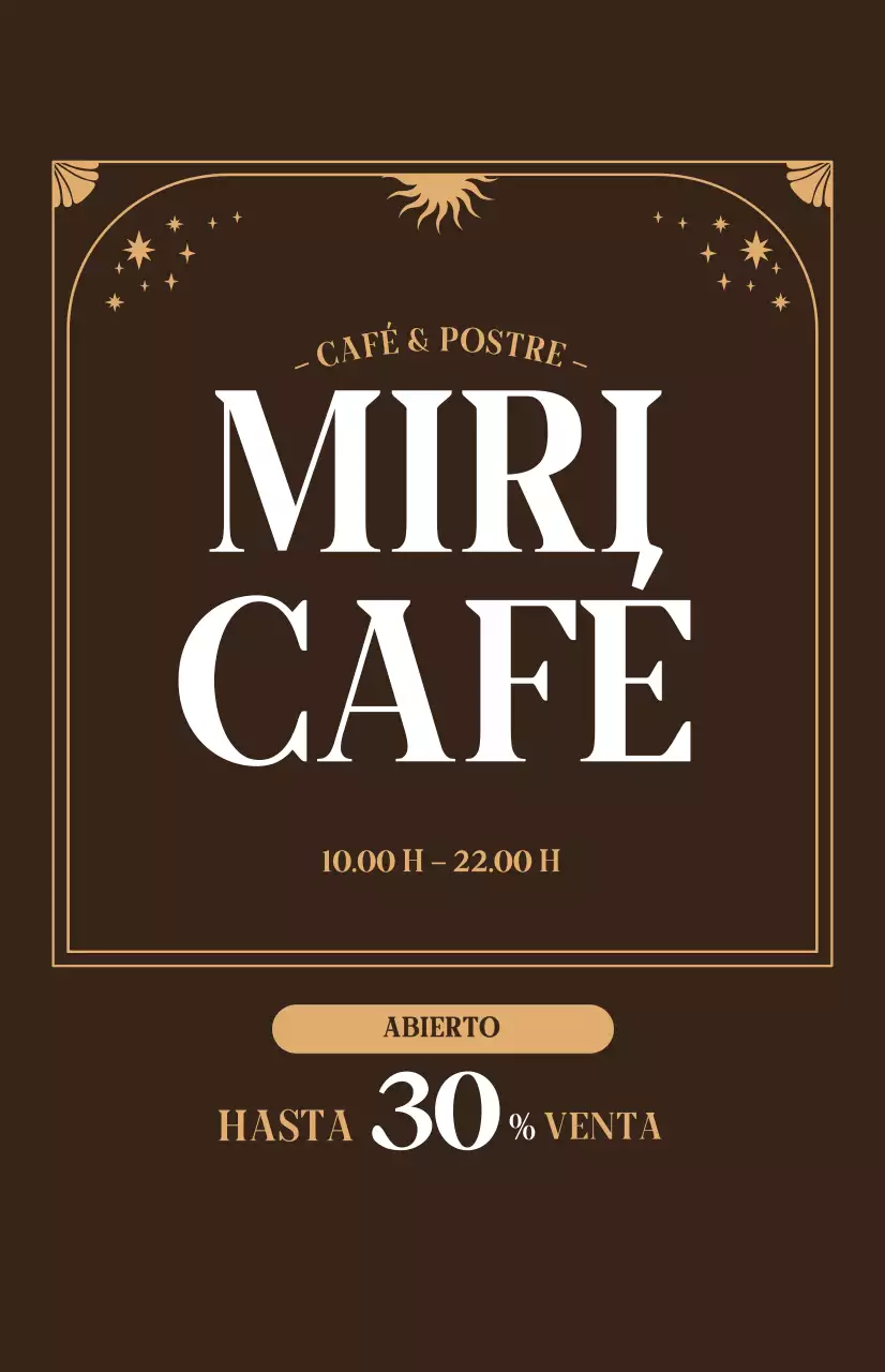Promocione el descuento de apertura de una cafetería con un ambiente beige sobre fondo marrón