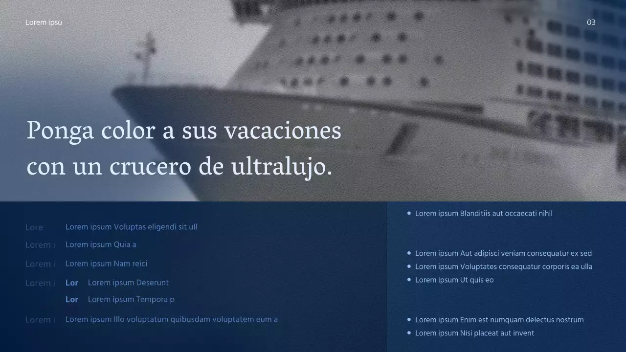 Un producto de crucero sencillo y limpio, con colores azul marino intenso y blanco nítido para facilitar la lectura.