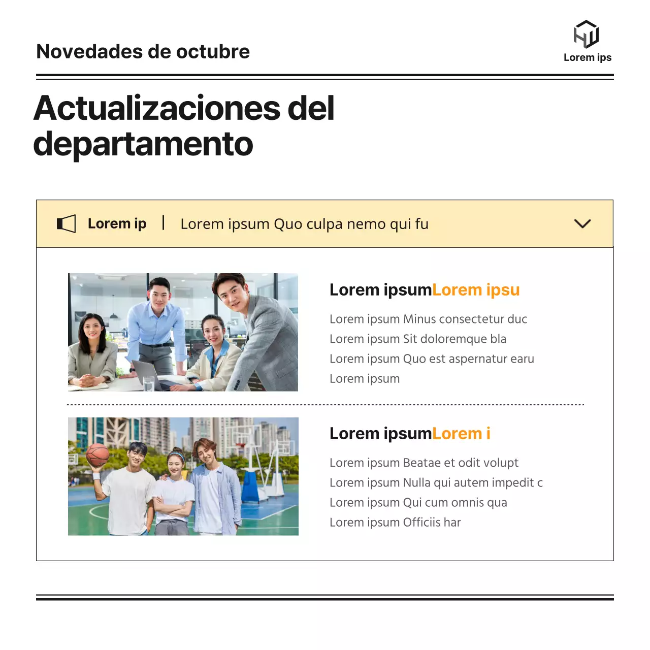 Un boletín mensual del departamento de licenciatura de una universidad con un blog bonito, ordenado y sencillo en verde y naranja e ilustraciones monótonas de Notion.