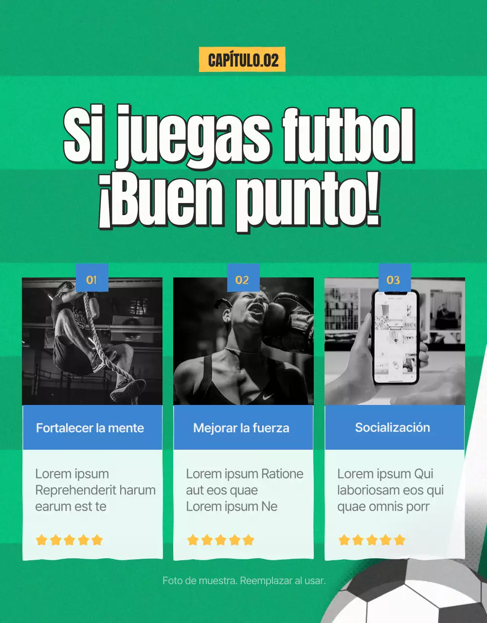 Anuncio de reclutamiento de fútbol femenino en verde y amarillo