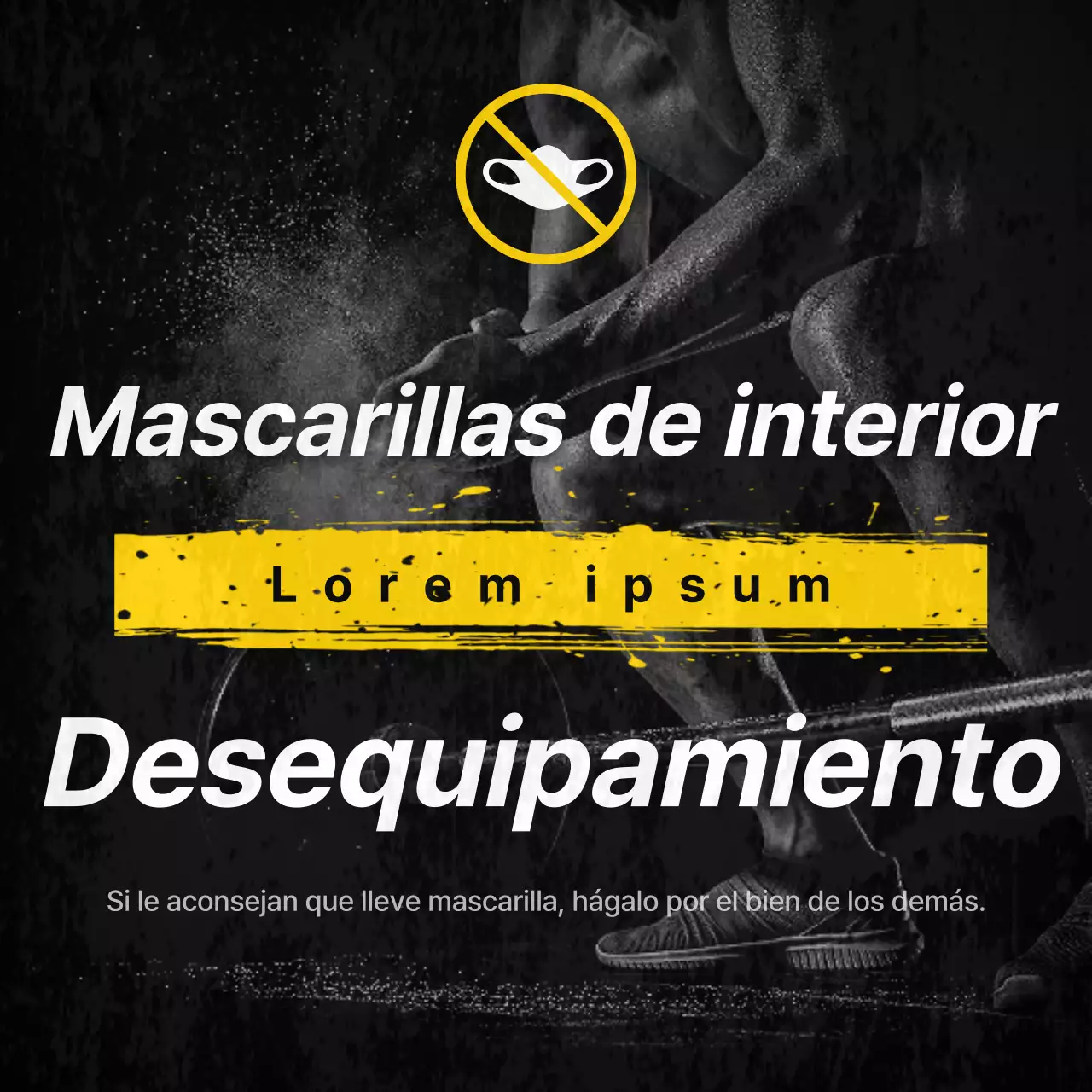 Tema dinámico de anuncio de eliminación de máscaras de gimnasia con acentos amarillos sobre fondo negro