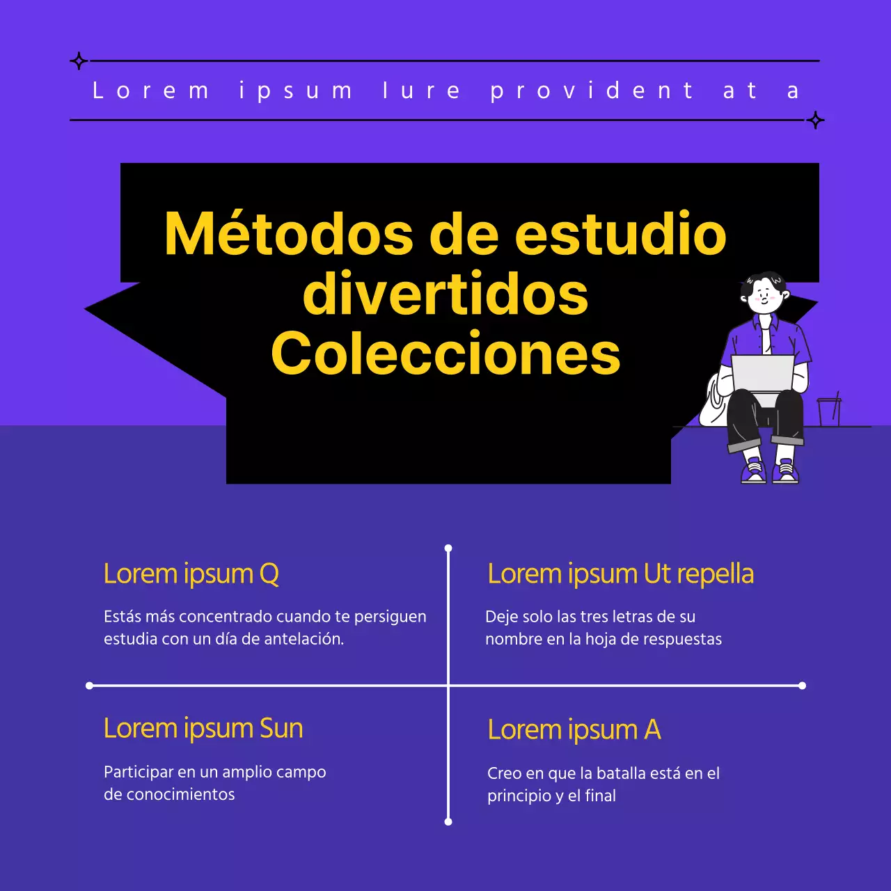 Una colección de divertidos consejos de estudio de universitarios morados y amarillos