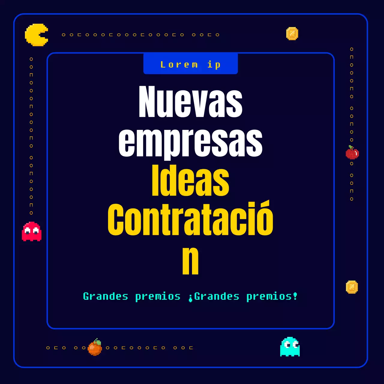 Un novedoso, divertido y retro juego de píxeles Pac-Man en azul marino y amarillo Convocatoria de nuevas ideas de negocio para una empresa corporativa.