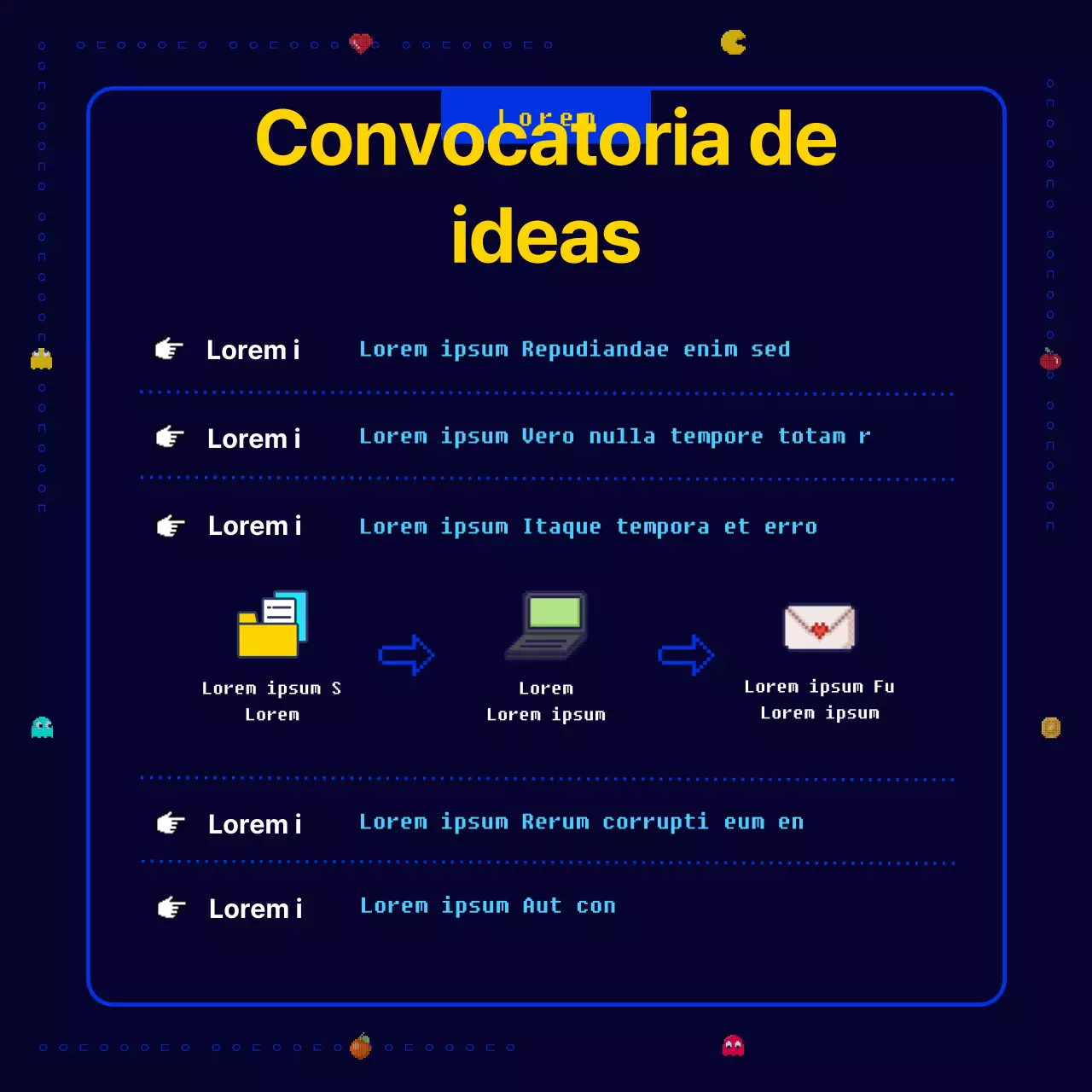Un novedoso, divertido y retro juego de píxeles Pac-Man en azul marino y amarillo Convocatoria de nuevas ideas de negocio para una empresa corporativa.