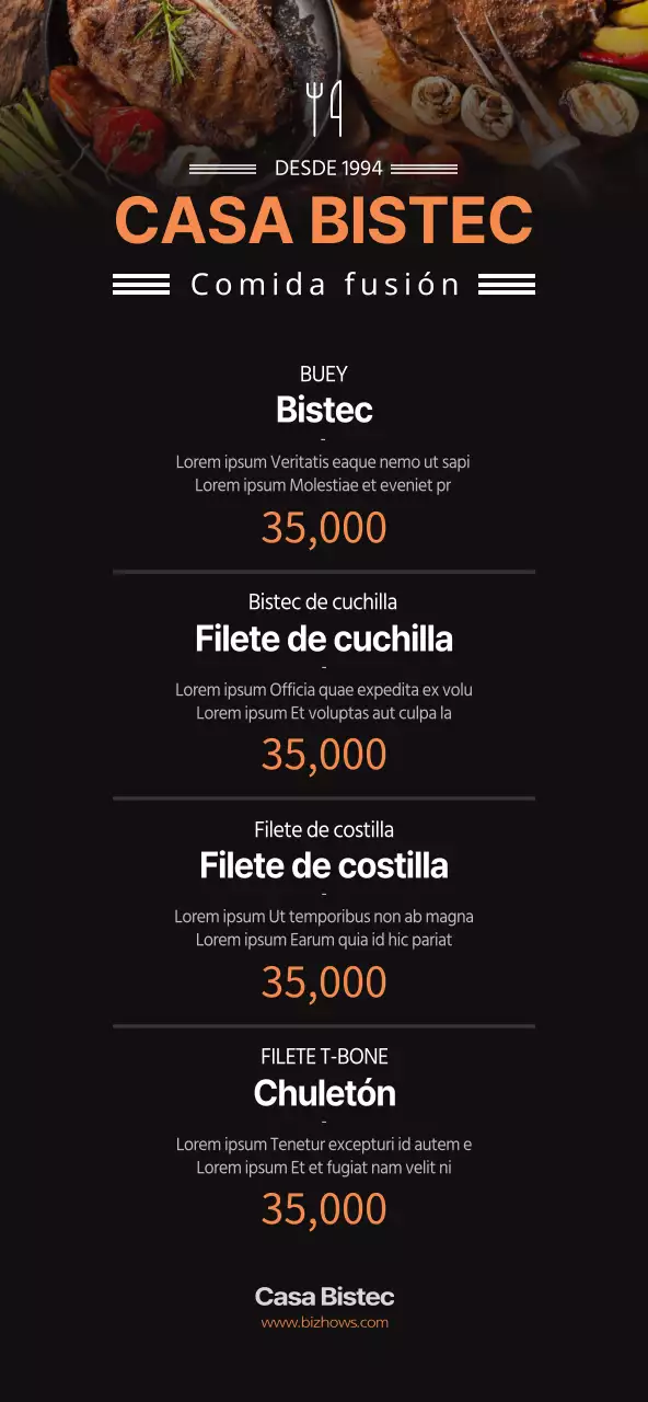 Negro y naranja, precios de menú de asador de estilo sencillo