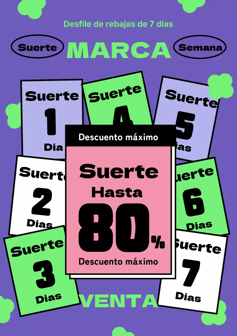 Promocione la semana de descuentos con toques de morado y chartreuse